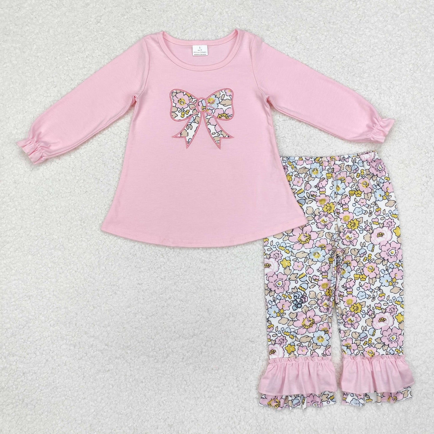 GLP1836 Bows Embroidery Pink Top Flowers Pants Girls Spring Clothes Set