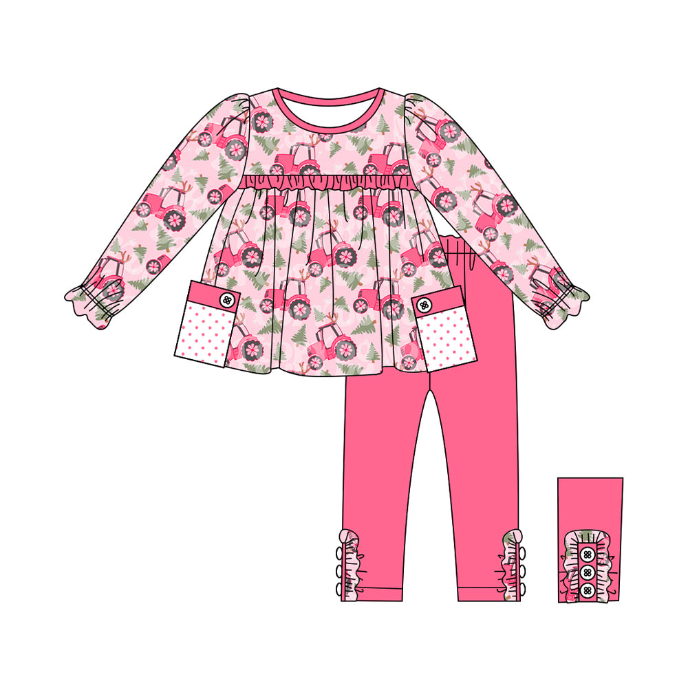 (Pre-order)GLP1838 Tractors Tree Pink Tunic Top Hotpink Pants Girls Christmas Clothes Set