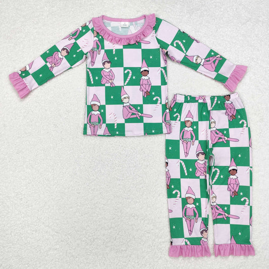 GLP1843 Cartoon Shelf Candy Cane Plaid Print Girls Christmas Bamboo Pajamas Clothes Set