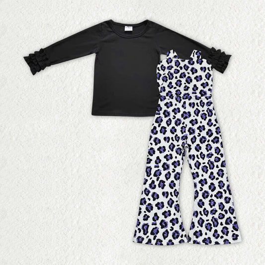 GLP1848  Black Top Purple Leopard Jumpsuits Girls Fall Clothes Set