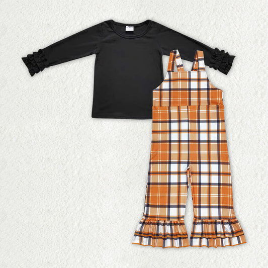 GLP1848  Black Top Brown Plaid Jumpsuits Girls Fall Clothes Set