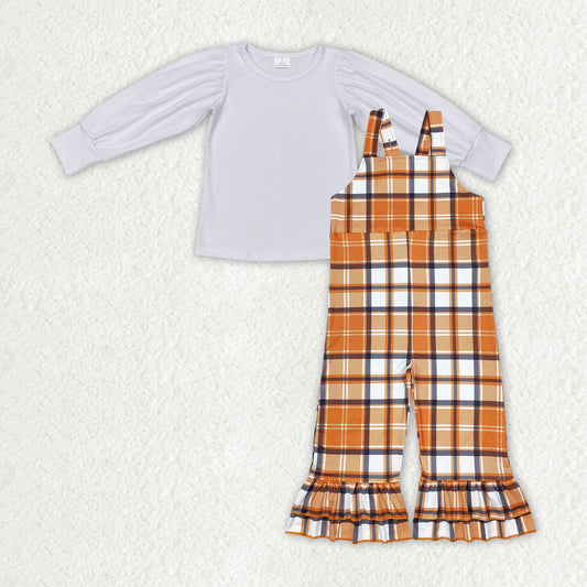 GLP1849  White Top Brown Plaid Jumpsuits Girls Fall Clothes Set