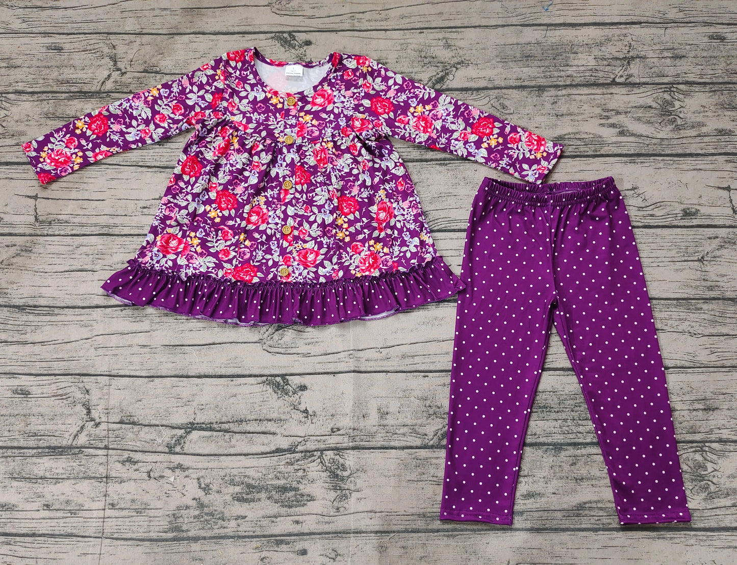 (Pre-order)GLP1850 Flowers Purple Tunic Top Legging Pants Girls Fall Clothes Set