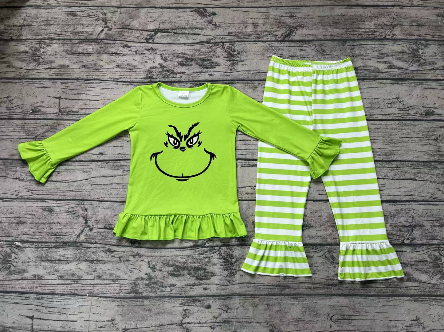 (Pre-order)GLP1862 Green Frog Top Stripes Pants Girls Christmas Clothes Set