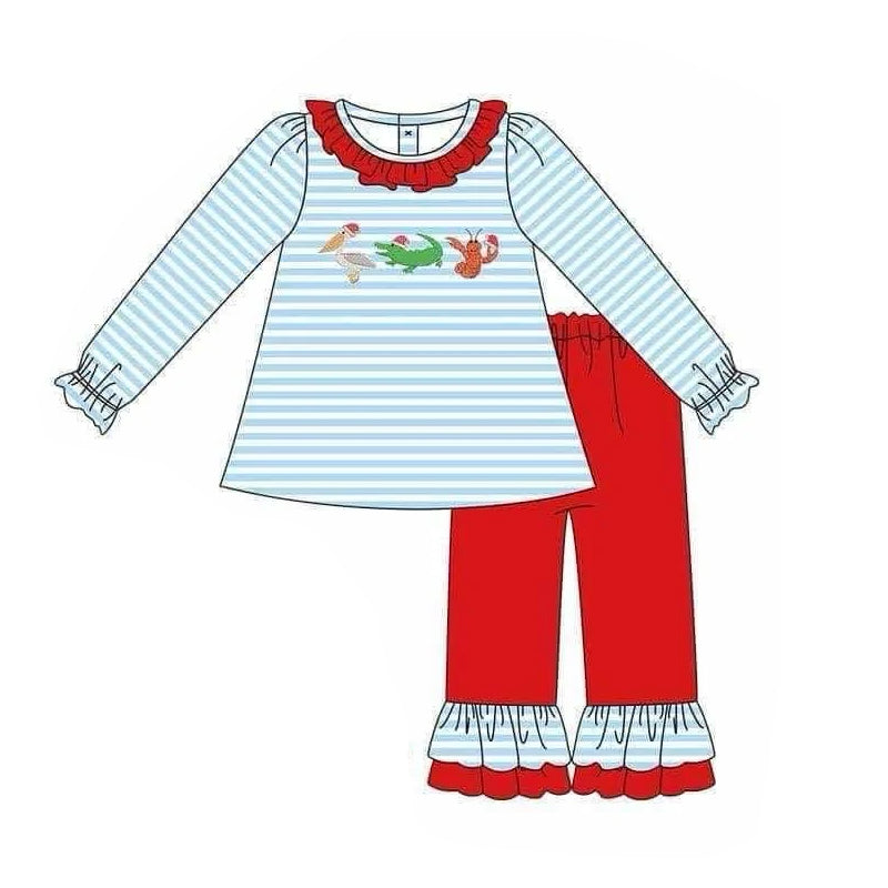 (Pre-order)GLP1864 Crawfish Crocodile Stripes Top Red Pants Girls Christmas Clothes Set