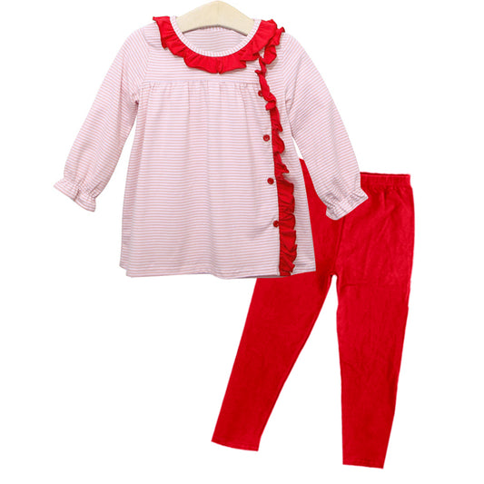 (Pre-order)GLP1865 Pink Stripes Top Red Pants Girls Fall Clothes Set