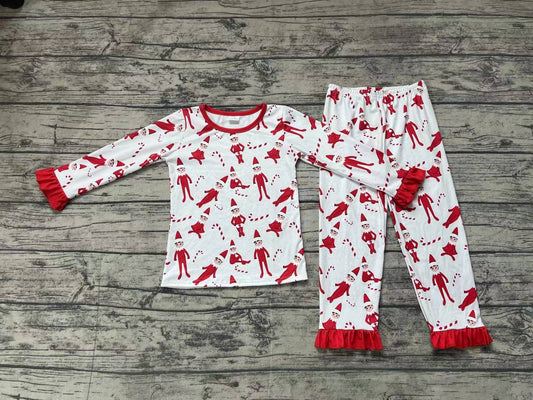 (Pre-order)GLP1866 Christmas Shelf Red Print Girls Pajamas Clothes Set