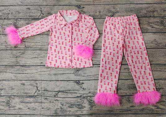 (Pre-order)GLP1868 Pink Boots Print Girls Western Buttons Fur Pajamas Clothes Set