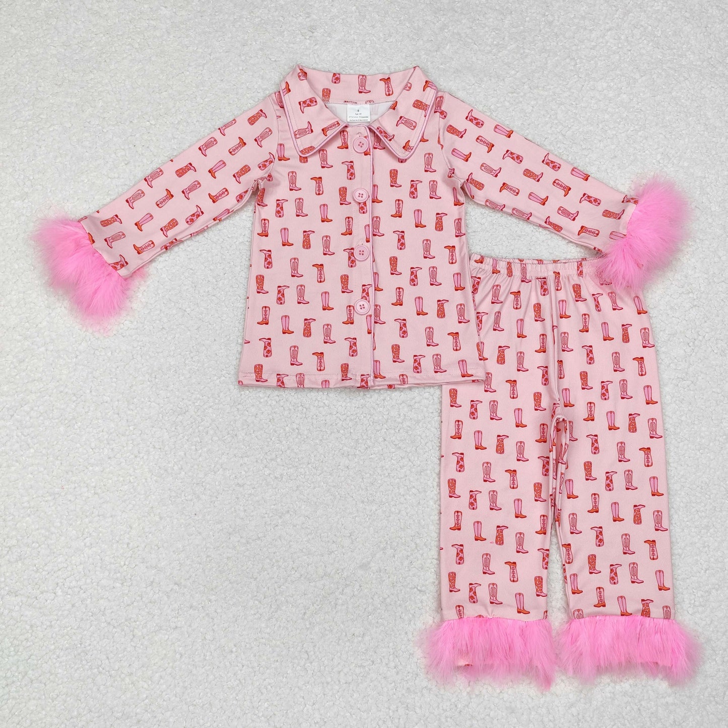 GLP1868 Pink Boots Print Girls Western Buttons Fur Pajamas Clothes Set