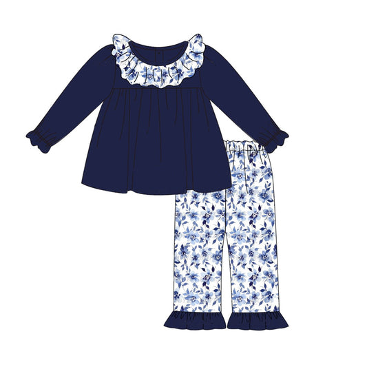 (Pre-order)GLP1870 Navy Tunic Top Flowers Pants Girls Clothes Set