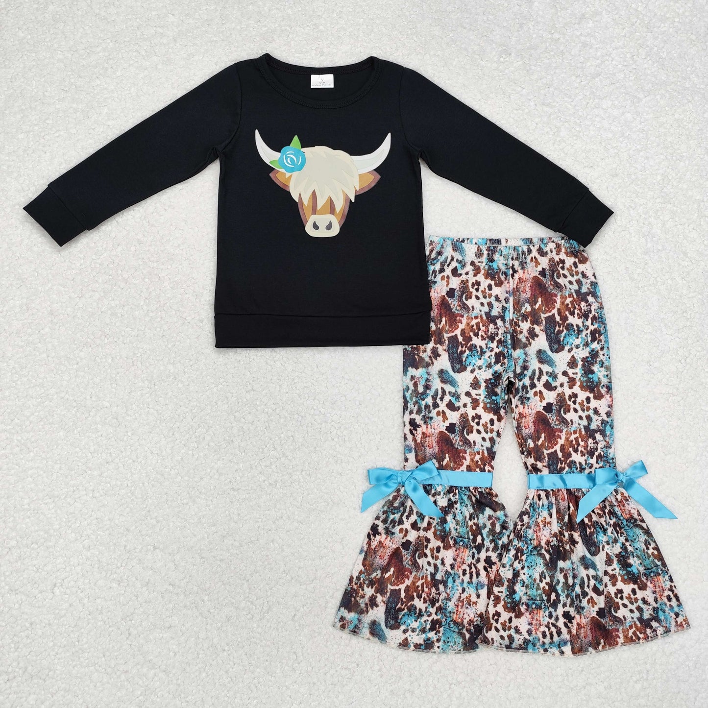 GLP1871 Highland Cow Vinyl Top Bell Pants Girls Western Clothes Set