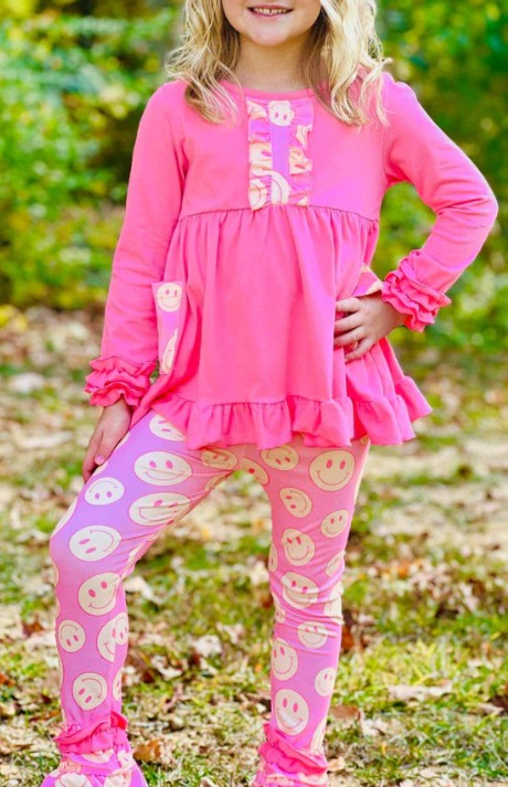 (Pre-order)GLP1872 Pink Tunic Top Smiling Face Pants Girls Clothes Set