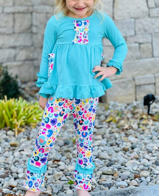 (Pre-order)GLP1873 Blue Tunic Top Colorful Leopard Pants Girls Clothes Set