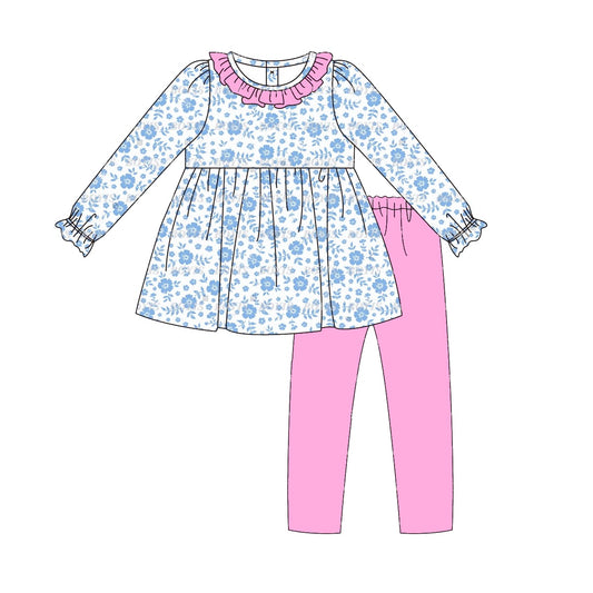 (Pre-order)GLP1875 Blue Flowers Tunic Top Pink Pants Girls Clothes Set