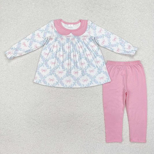 GLP1876 Blue Flowers Bows Tunic Top Pink Pants Girls Clothes Set