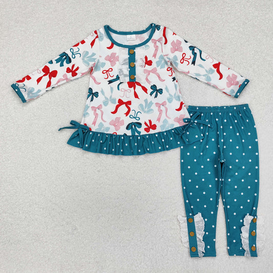 GLP1877 Bows Tunic Top Dots Pants Girls Christmas Clothes Set