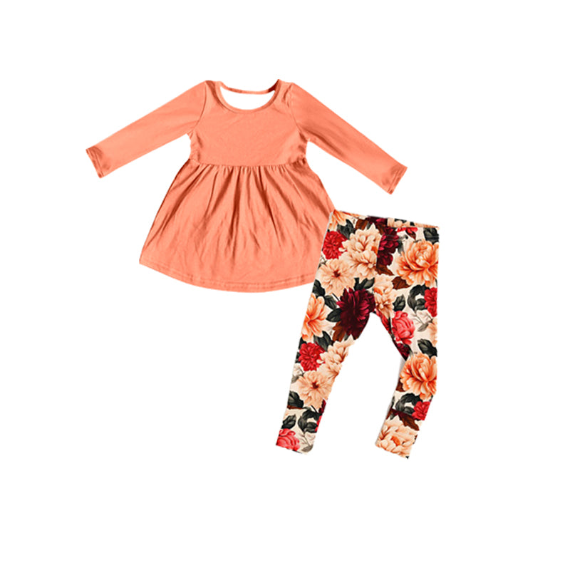 (Pre-order)GLP1883 Orange Tunic Top Big Flowers Pants Girls Fall Clothes Set