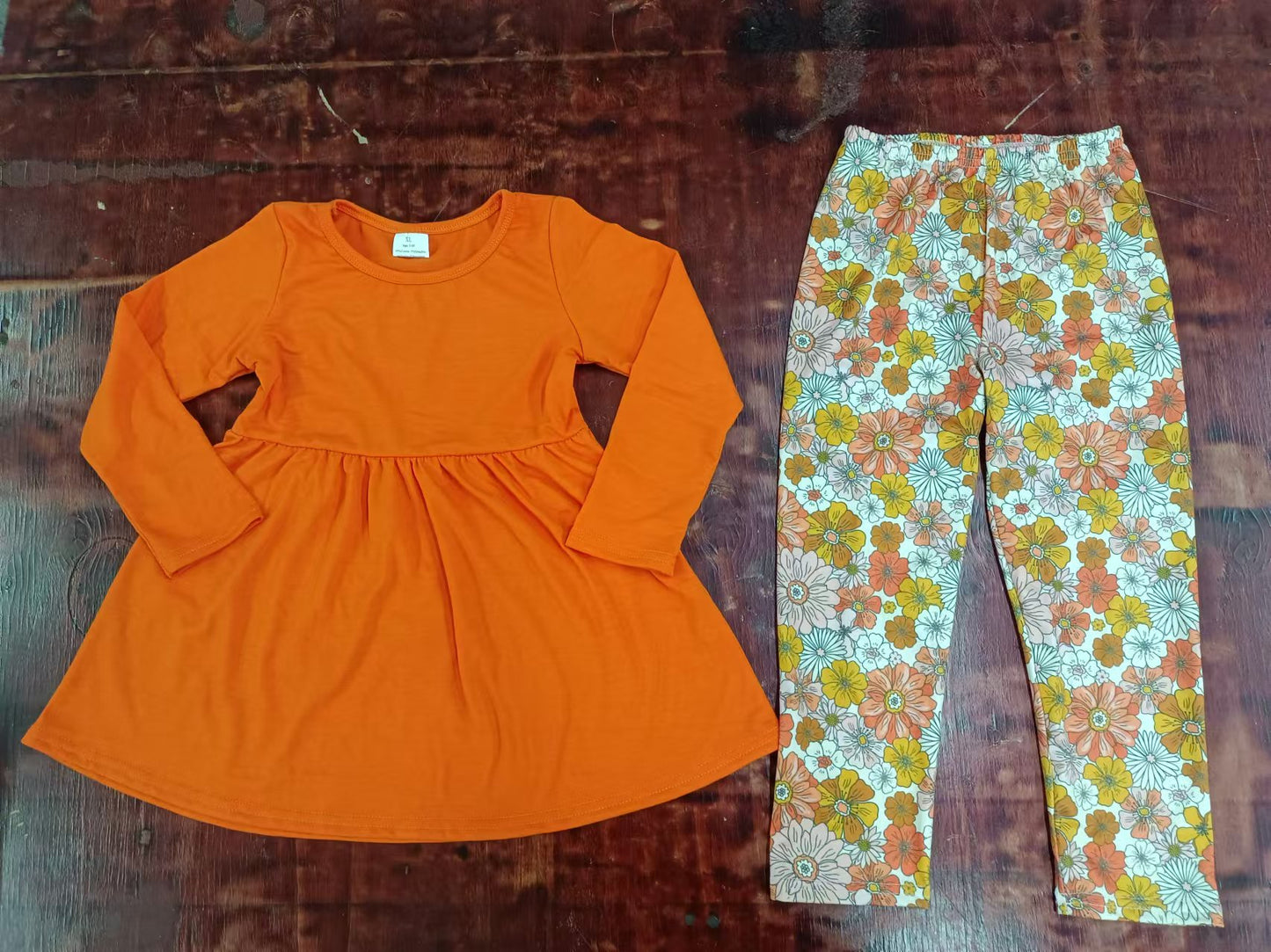 (Custom Design Preorder MOQ 3) Orange Tunic Top Flowers Pants Girls Fall Clothes Set