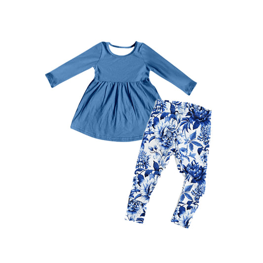 (Pre-order)GLP1885 Blue Tunic Top Flowers Pants Girls Fall Clothes Set