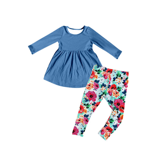 (Pre-order)GLP1886 Blue Tunic Top Red Flowers Pants Girls Fall Clothes Set