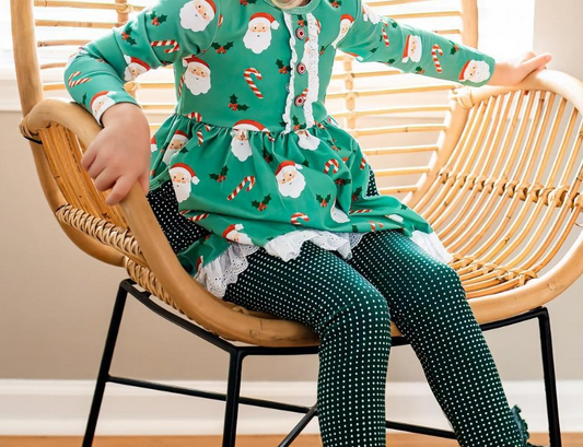 (Pre-order)GLP1890 Santa Holly Green Tunic Top Dots Pants Girls Christmas Clothes Set