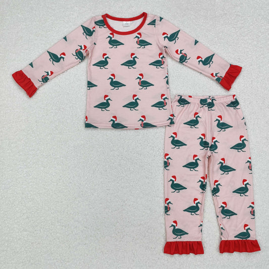 GLP1892 Duck Pink Print Girls Christmas Bamboo Pajamas Clothes Set