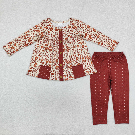 GLP1894 Flowers Pockets Tunic Top Dots Pants Girls Fall Clothes Set