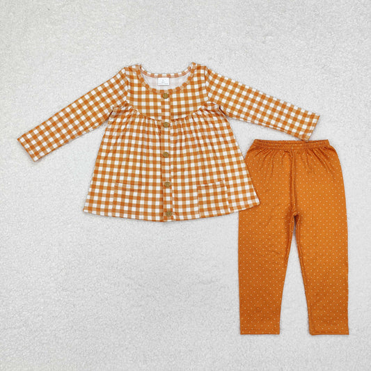 GLP1895 Orange Plaid Tunic Top Dots Pants Girls Fall Clothes Set