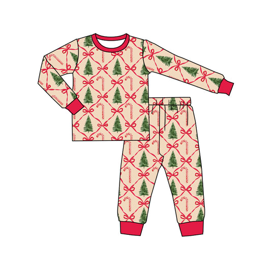 (Pre-order)GLP1896 Candy Cane Tree Print Girls Christmas Pajamas Clothes Set