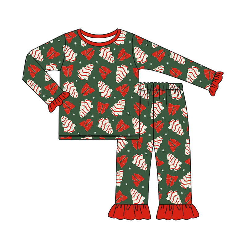 (Pre-order)GLP1897 Debbie Cake Bows Print Girls Christmas Pajamas Clothes Set