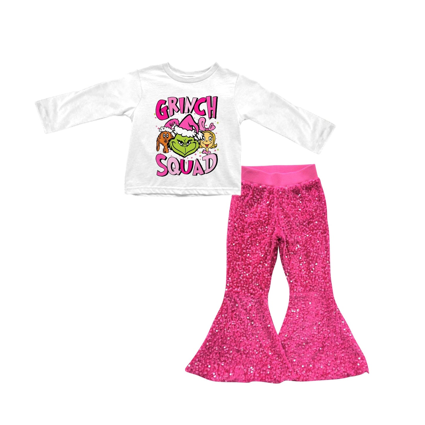 (Pre-order)GLP1898 Green Frog SQUAD Top Hotpink Sequin Bell Pants Girls Christmas Clothes Set