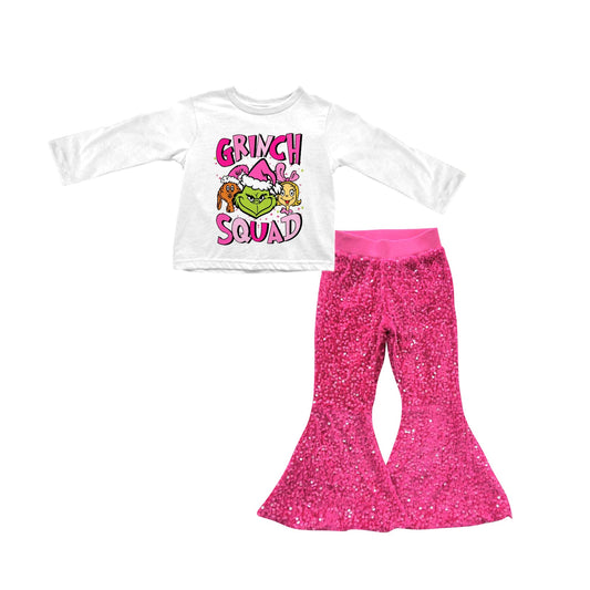 (Pre-order)GLP1898 Green Frog SQUAD Top Hotpink Sequin Bell Pants Girls Christmas Clothes Set