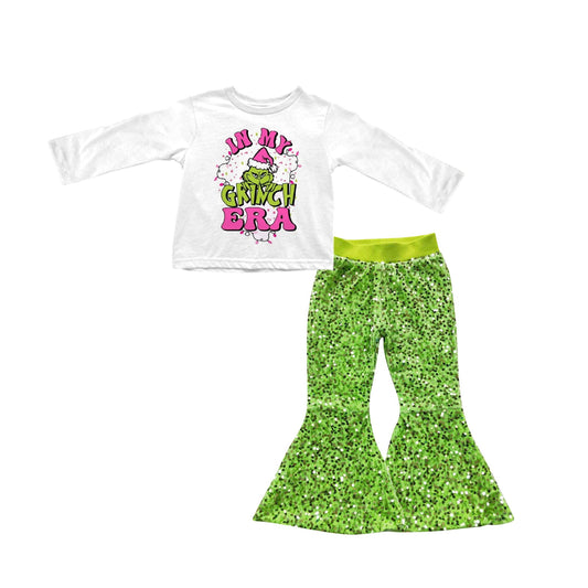 (Pre-order)GLP1899 Green Frog IN MY ERA Top Green Sequin Bell Pants Girls Christmas Clothes Set