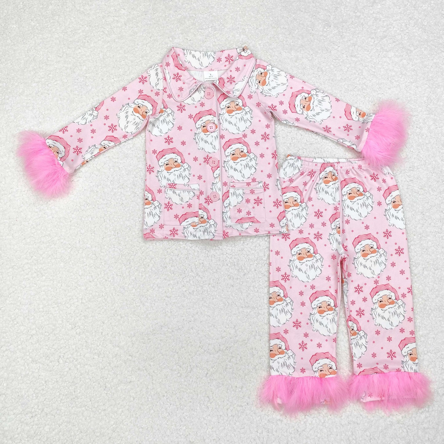 GLP1900 Pink Santa Print Girls Christmas Buttons Fur Pajamas Clothes Set