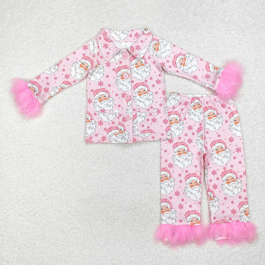 GLP1900 Pink Santa Print Girls Christmas Buttons Fur Pajamas Clothes Set