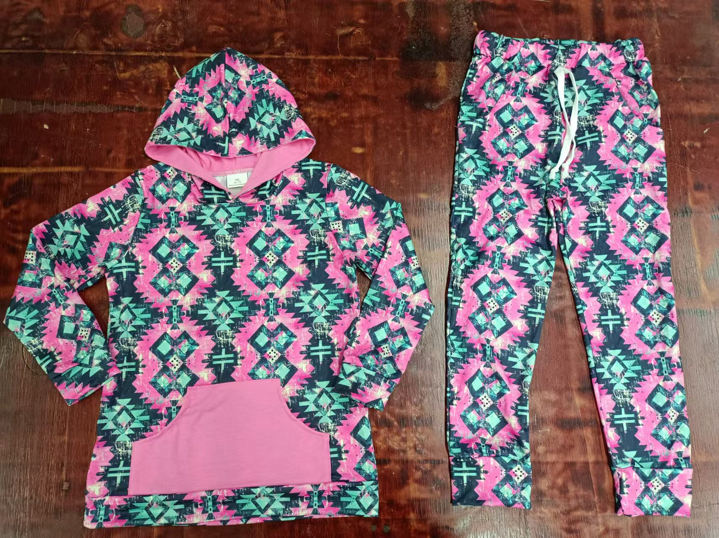 (Custom Design Preorder MOQ 3) Pink Aztec Print Girls Fall Hoodie Clothes Set