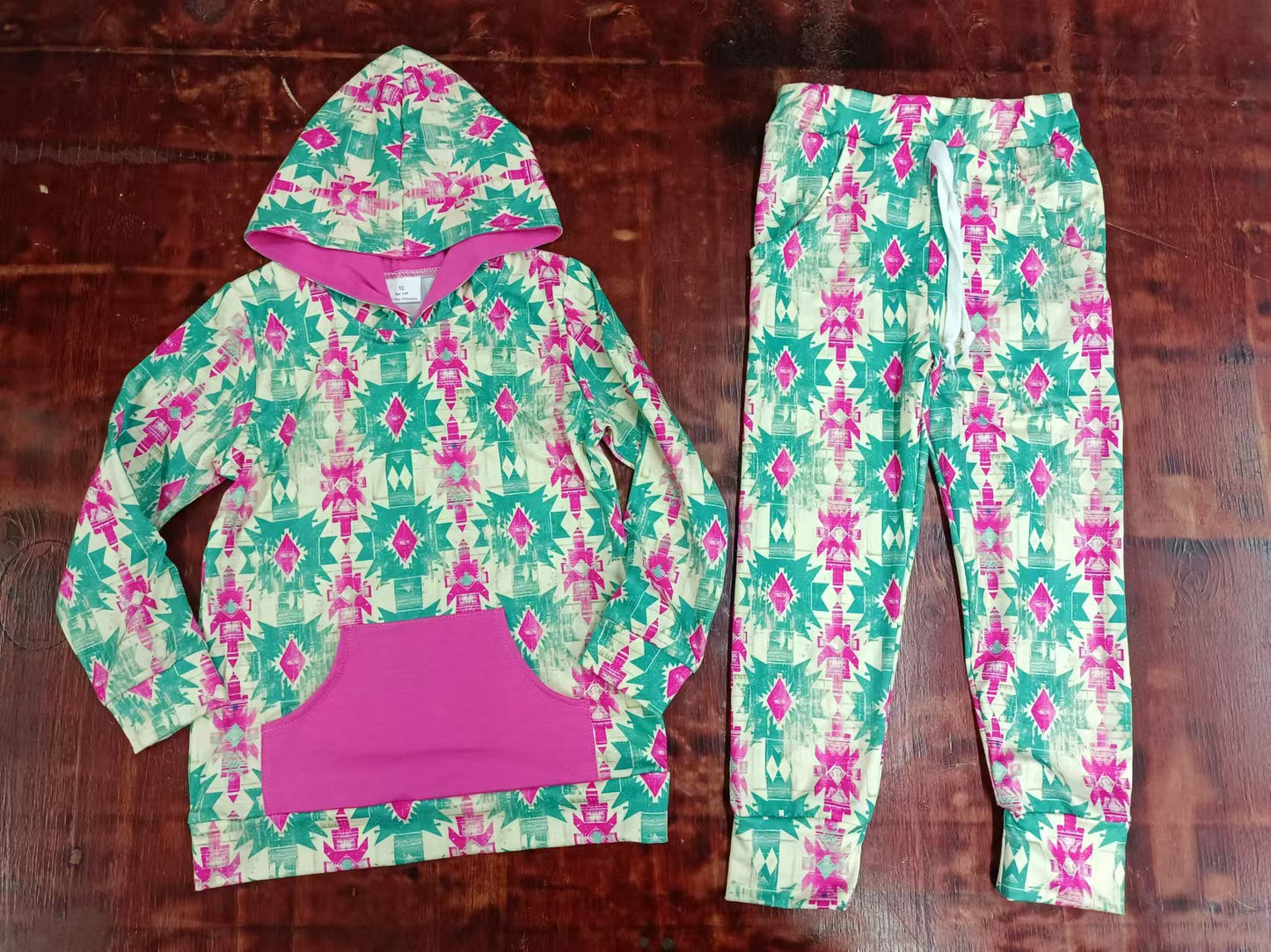 (Custom Design Preorder MOQ 3) Green Aztec Print Girls Fall Hoodie Clothes Set