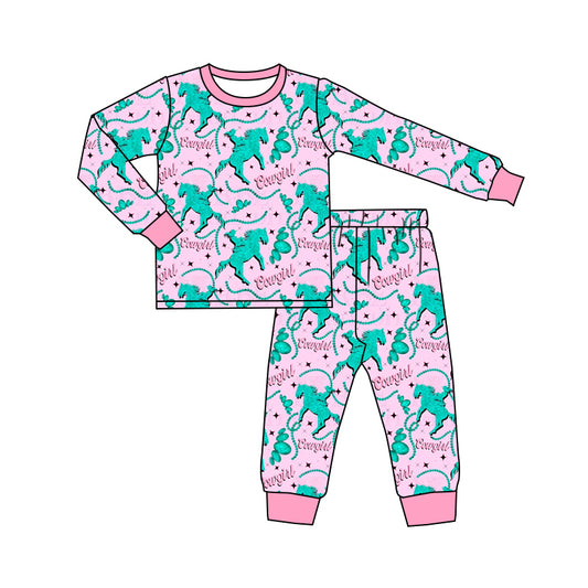 (Pre-order)GLP1911  Cowgirl Turquoise Print Girls Fall Pajamas Clothes Set