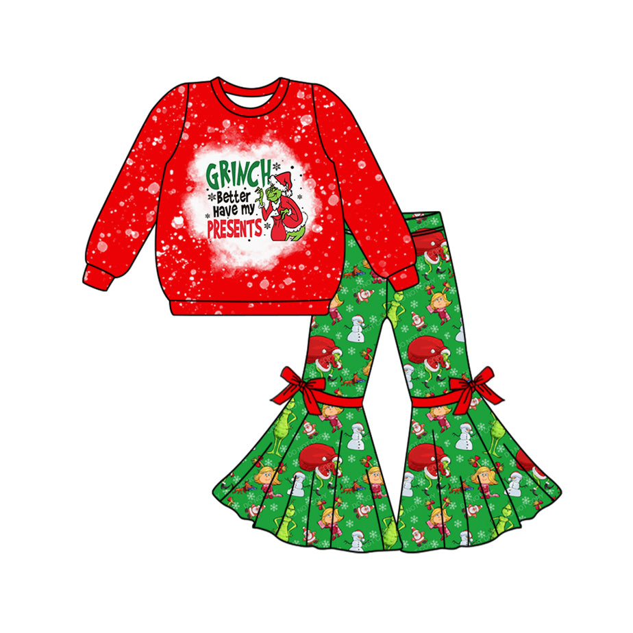 (Pre-order)GLP1914 Green Frog Red Top Bell Pants Girls Christmas Clothes Set