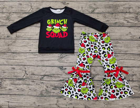 (Pre-order)GLP1915 Green Frog Black Top Leopard Bell Pants Girls Christmas Clothes Set