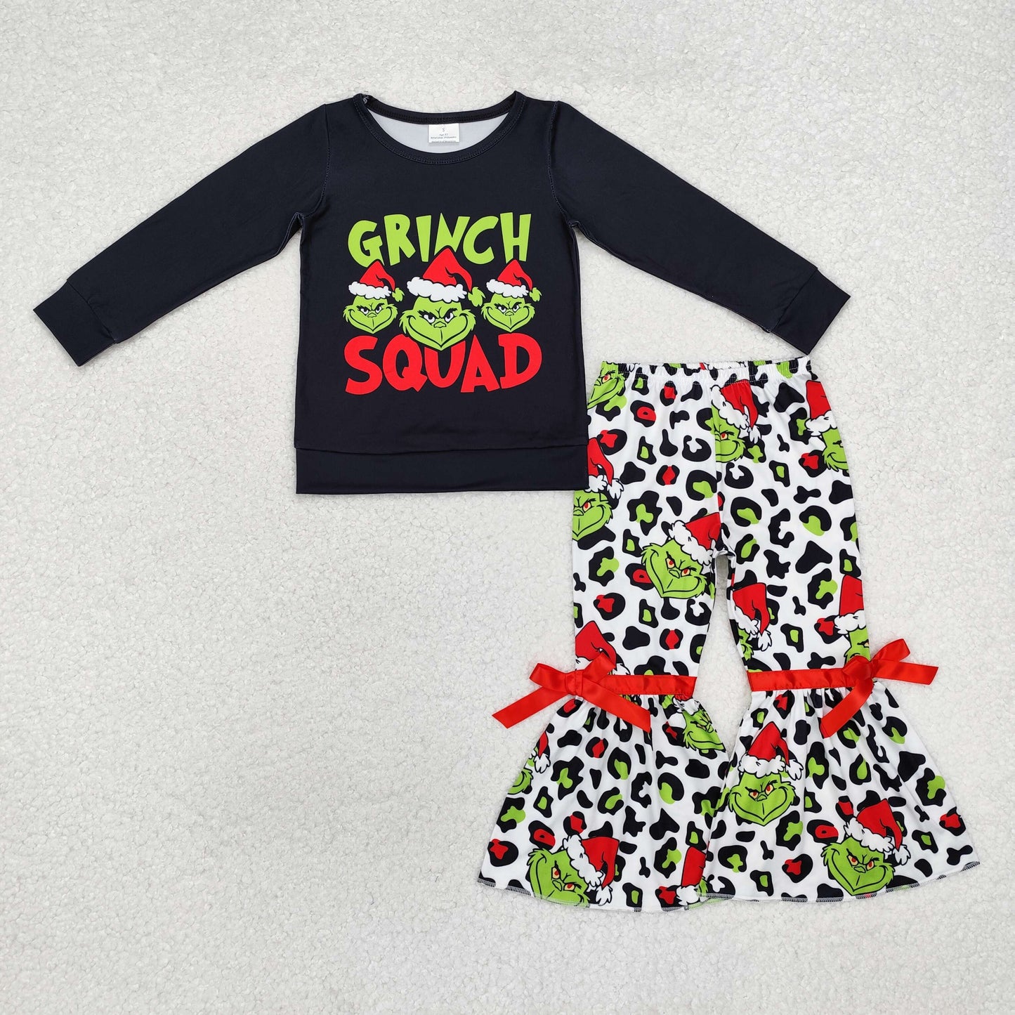 GLP1915 Green Frog Black Top Leopard Bell Pants Girls Christmas Clothes Set