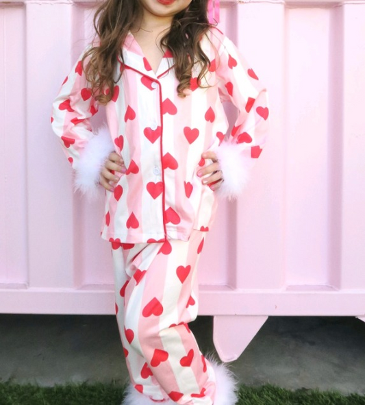 (Pre-order)GLP1921 Heart Print Girls Fall Buttons Fur Pajamas Clothes Set