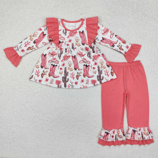 GLP1922 Pink Flowers Boots Cactus Hat Tunic Top Ruffle Pants Girls Western Clothes Set