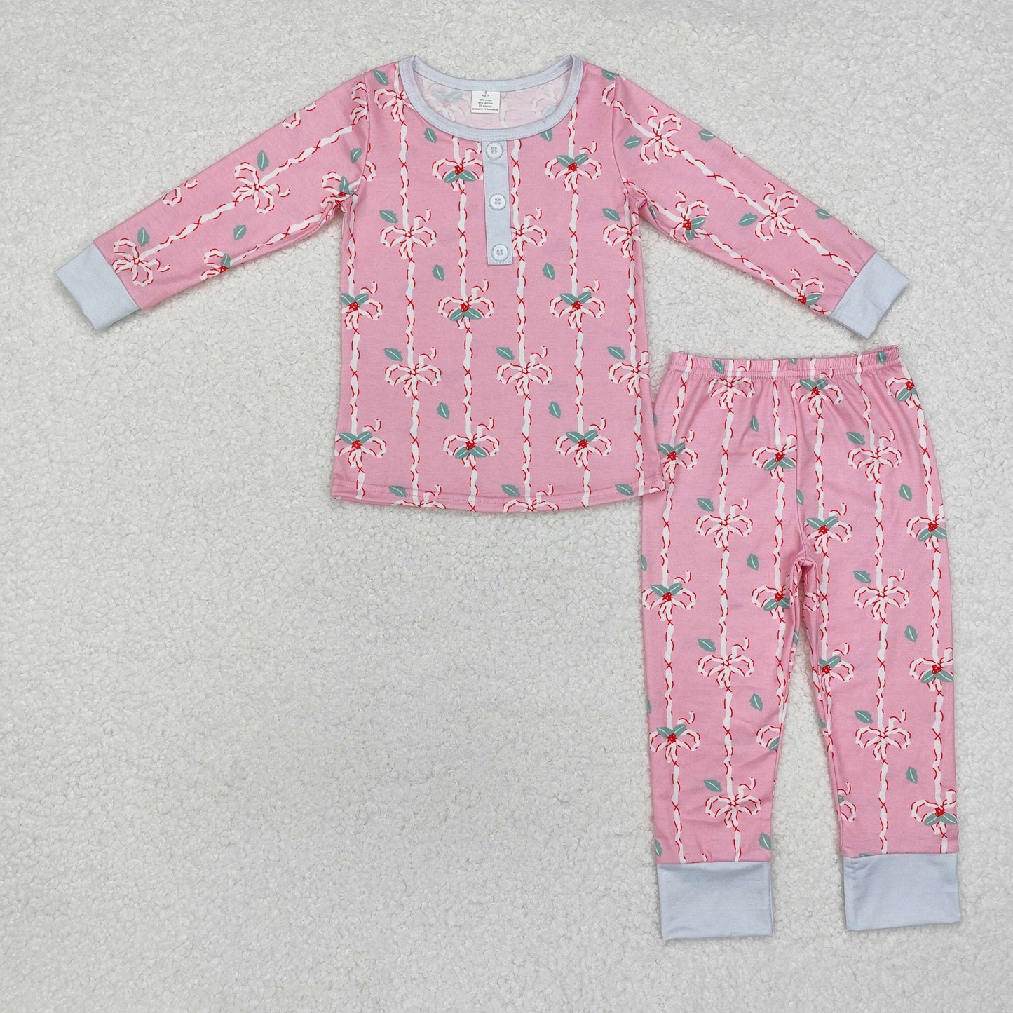 GLP1925 Holly Bows Pink Print Girls Christmas Bamboo Pajamas Clothes Set