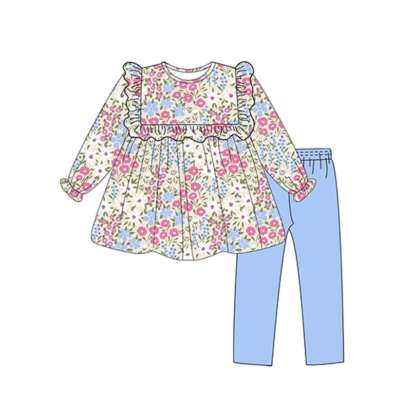 (Pre-order)GLP1926 Small Flowers Tunic Top Blue Pants Girls Fall Clothes Set