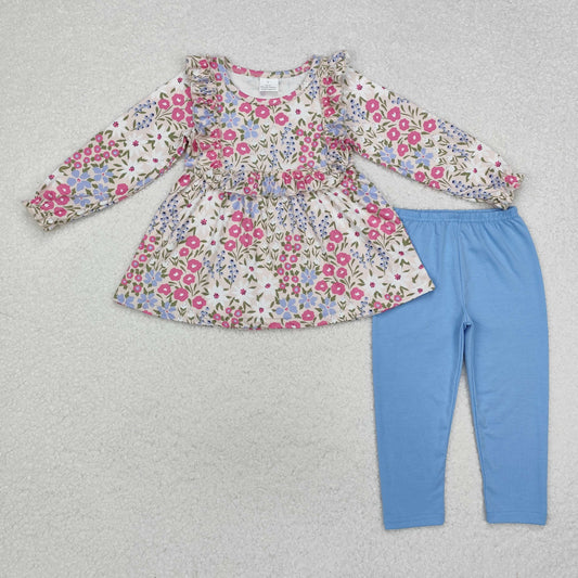 GLP1926 Small Flowers Tunic Top Blue Pants Girls Fall Clothes Set