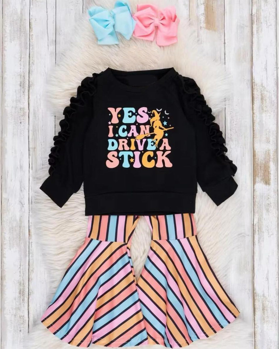 (Custom Design Preorder MOQ 5)  Witch Yes I Can Drive A Stick Top Stripes Bell Pants Girls Halloween Clothes Set