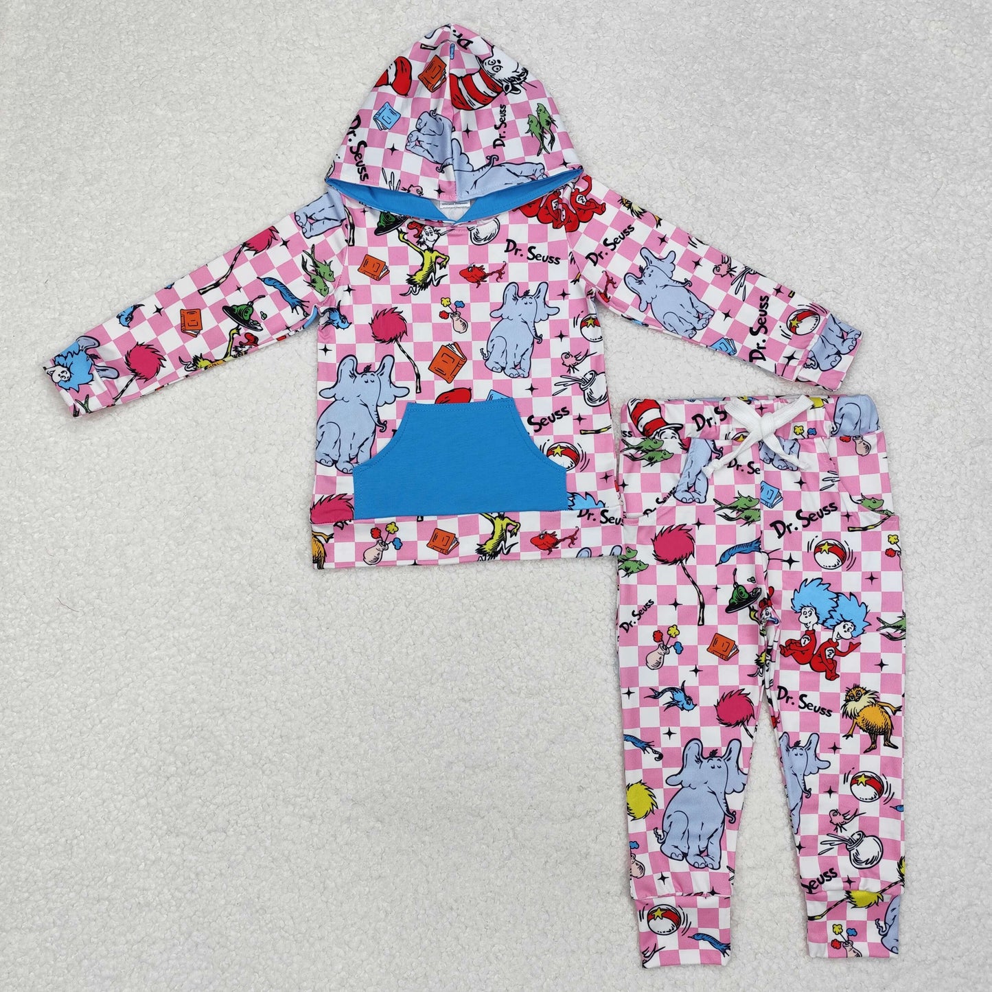 GLP1932  Dr.Reading Cat Pink Plaid Print Girls Hoodie Clothes Set