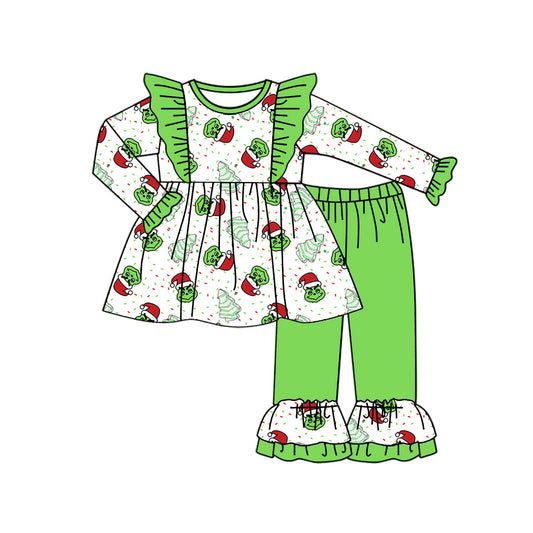 (Pre-order)GLP1933 Debbie Cake Green Frog Tunic Top Ruffle Pants Girls Christmas Clothes Set