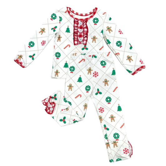 (Pre-order)GLP1947 Gingerbread Holly Candy Cane Print Girls Christmas Clothes Set